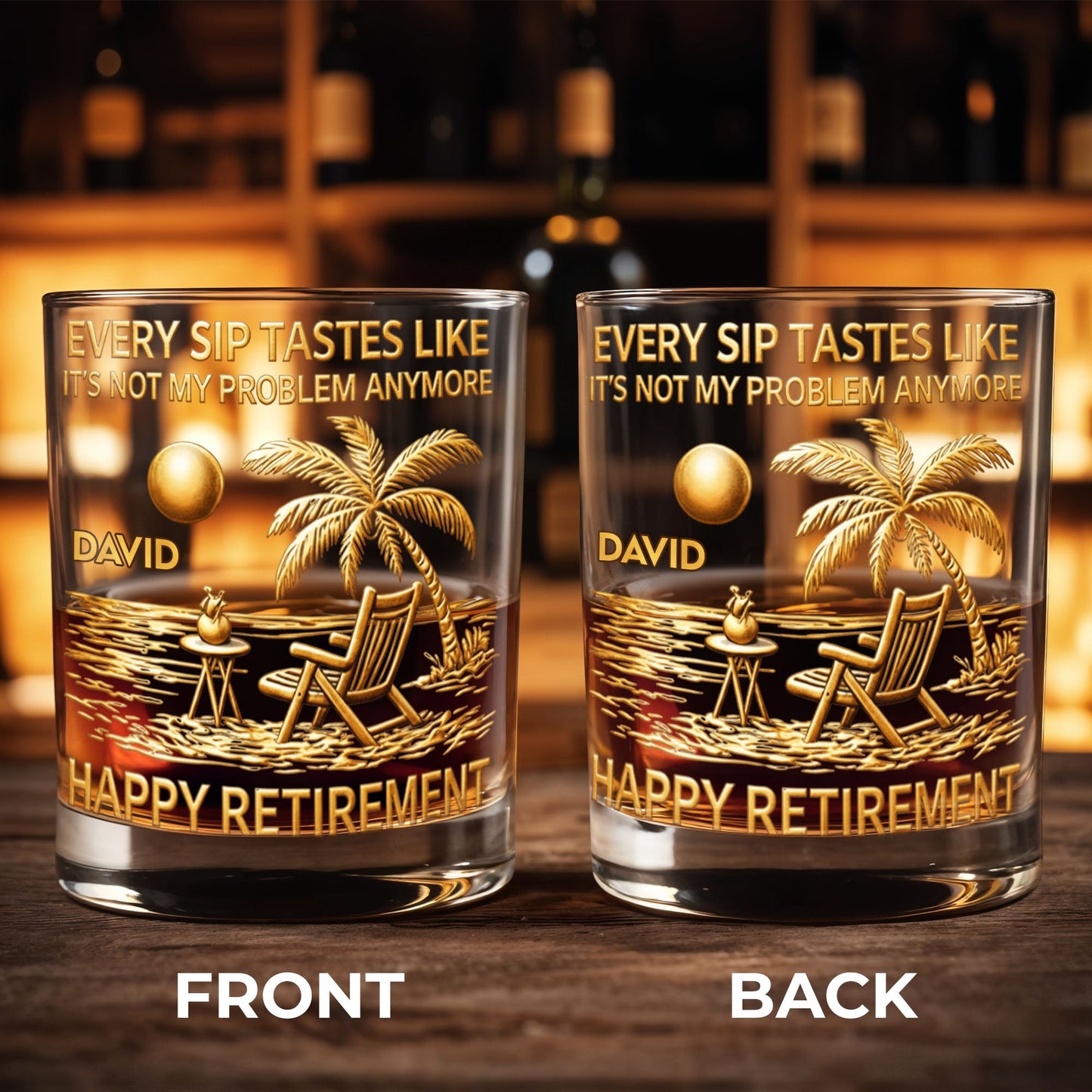 Every Sip Tastes Like It's Not My Problem Anymore Palm Tree Beach Retirement - Personalized Whiskey Glass - RETIRE016_PRIWI