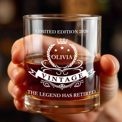 The Legend Has Retired, Crown And Laurel Wreath Design - Personalized Custom Whiskey Glass - RETIRE016_RWG
