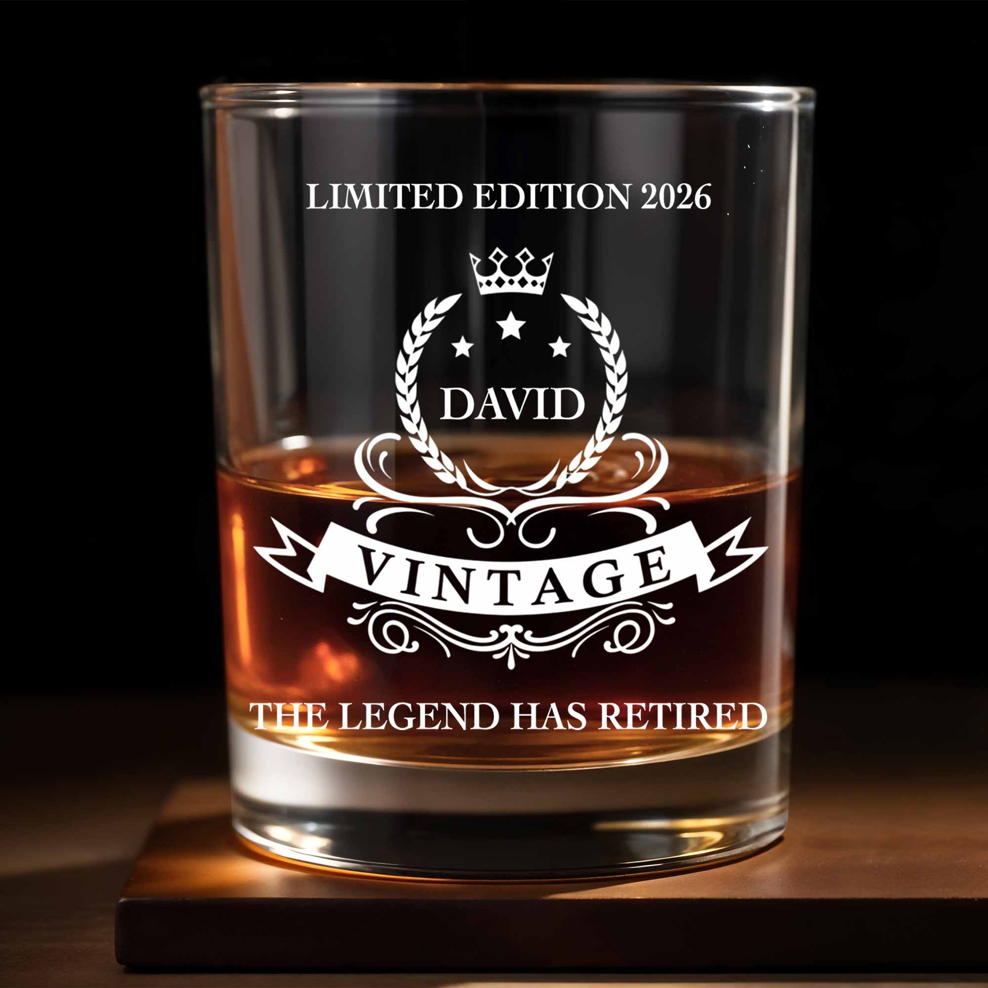 The Legend Has Retired, Crown And Laurel Wreath Design - Personalized Custom Whiskey Glass - RETIRE016_RWG