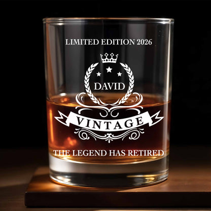 The Legend Has Retired, Crown And Laurel Wreath Design - Personalized Custom Whiskey Glass - RETIRE016_RWG