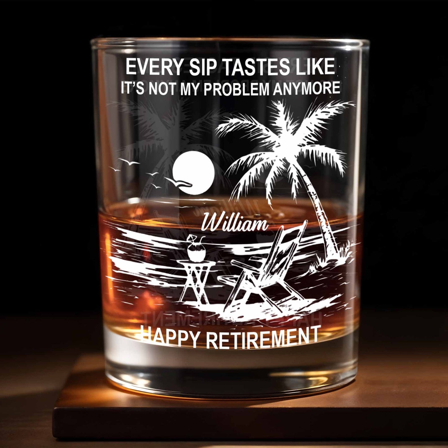 Every Sip Tastes Like Happy Retirement, Palm Trees And Beach Chair - Personalized Custom Whiskey Glass - RETIRE017_RWG