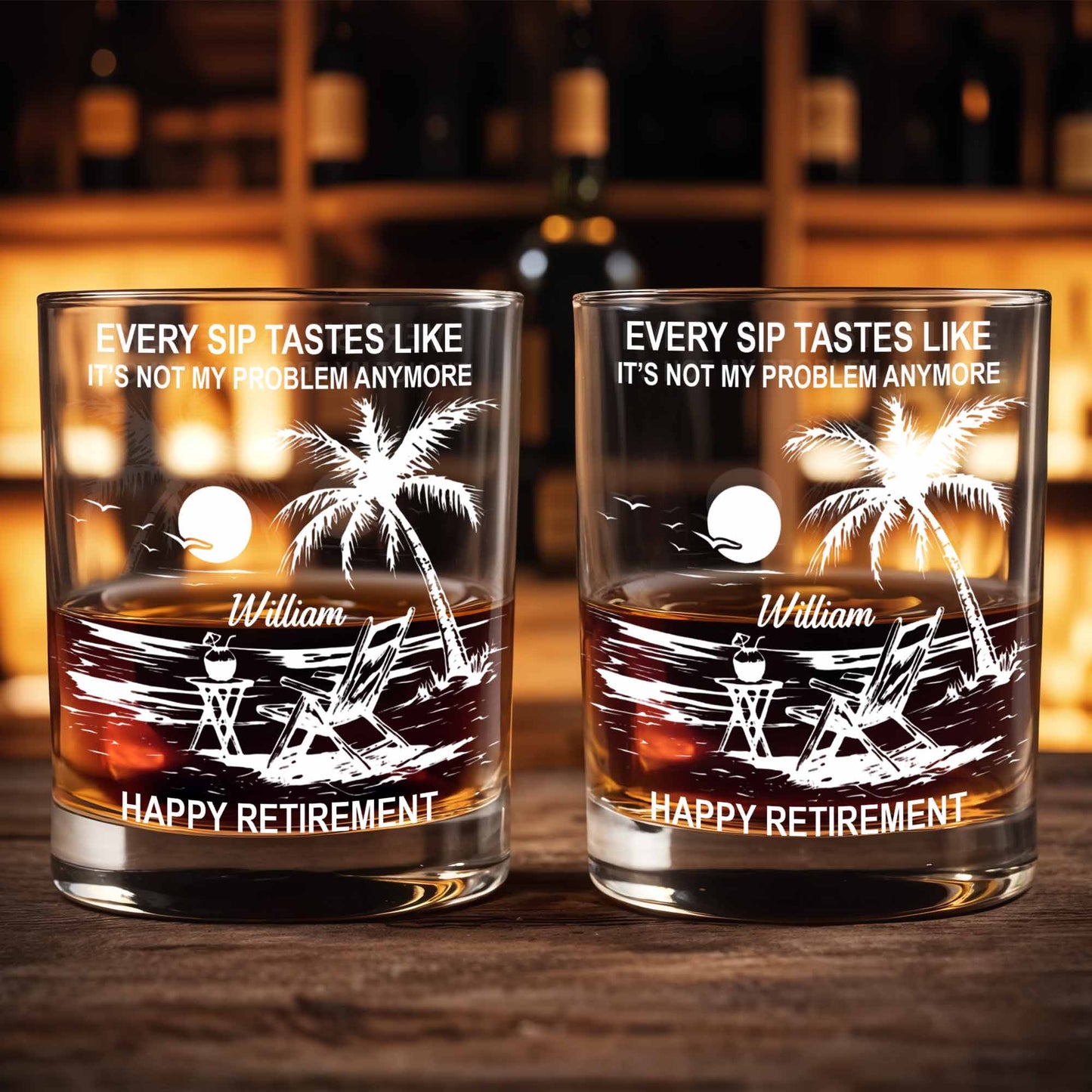 Every Sip Tastes Like Happy Retirement, Palm Trees And Beach Chair - Personalized Custom Whiskey Glass - RETIRE017_RWG