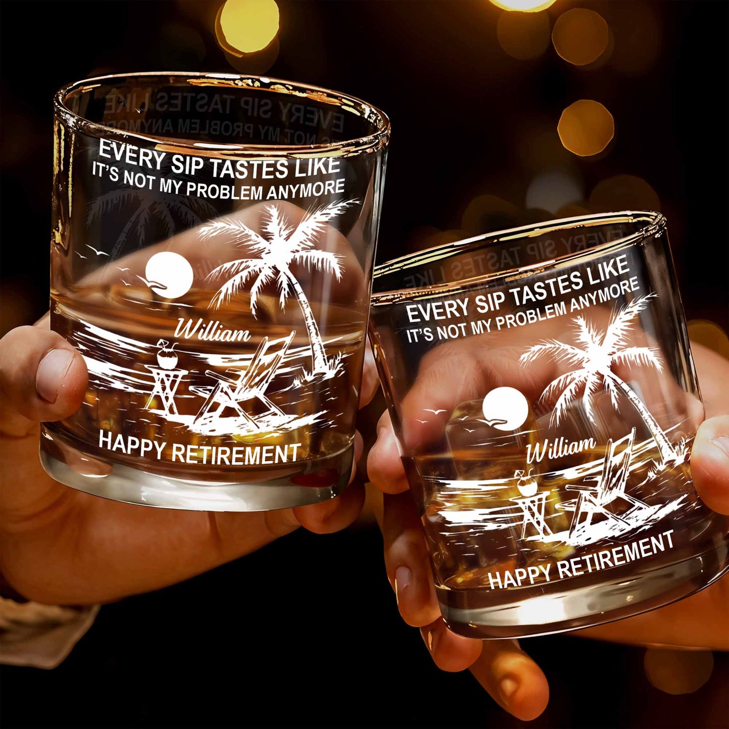 Every Sip Tastes Like Happy Retirement, Palm Trees And Beach Chair - Personalized Custom Whiskey Glass - RETIRE017_RWG