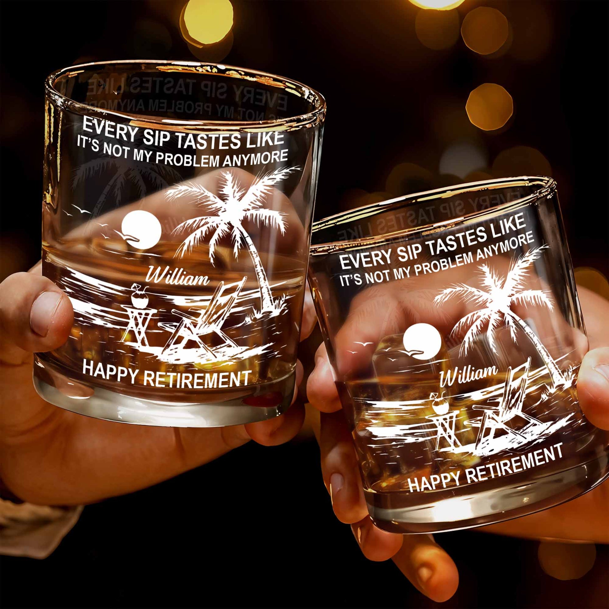 Every Sip Tastes Like Happy Retirement, Palm Trees And Beach Chair - Personalized Custom Whiskey Glass - RETIRE017_RWG
