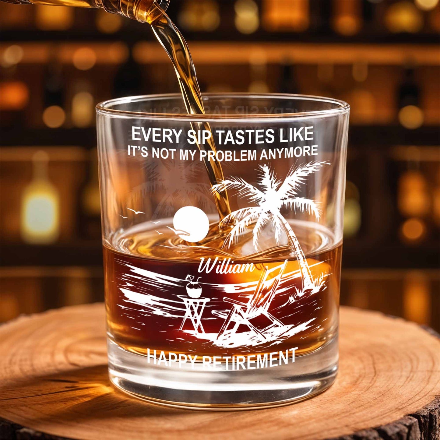 Every Sip Tastes Like Happy Retirement, Palm Trees And Beach Chair - Personalized Custom Whiskey Glass - RETIRE017_RWG