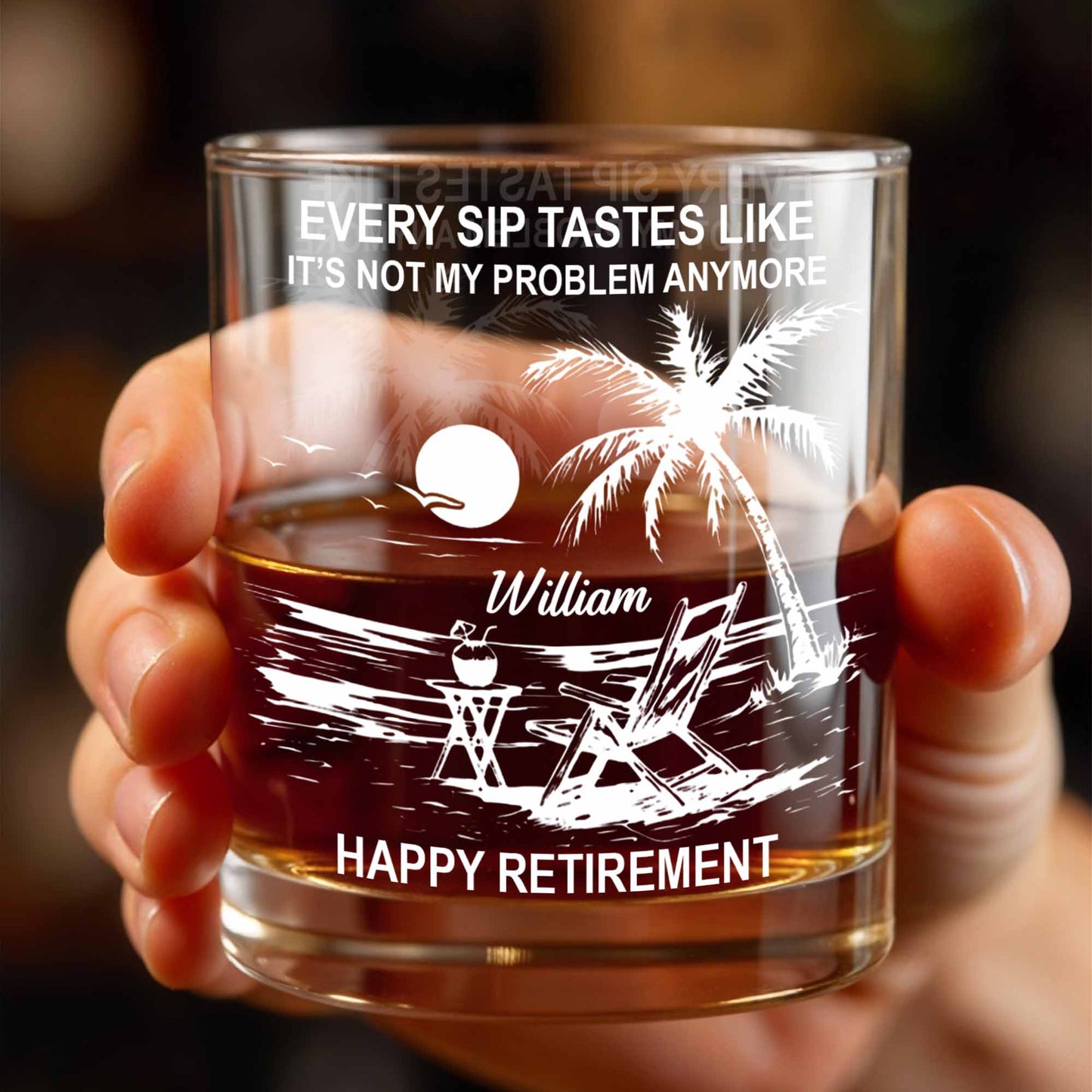 Every Sip Tastes Like Happy Retirement, Palm Trees And Beach Chair - Personalized Custom Whiskey Glass - RETIRE017_RWG