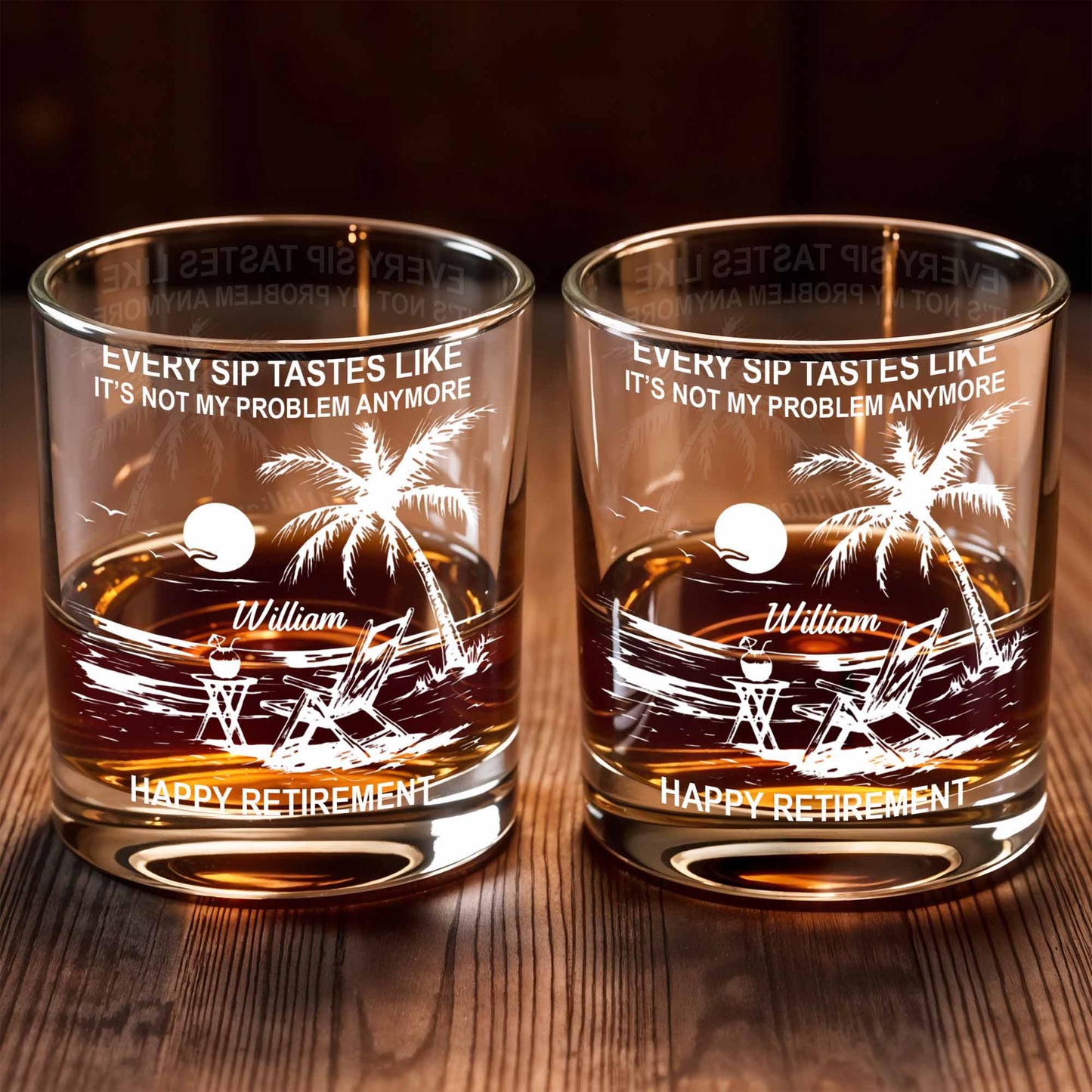 Every Sip Tastes Like Happy Retirement, Palm Trees And Beach Chair - Personalized Custom Whiskey Glass - RETIRE017_RWG