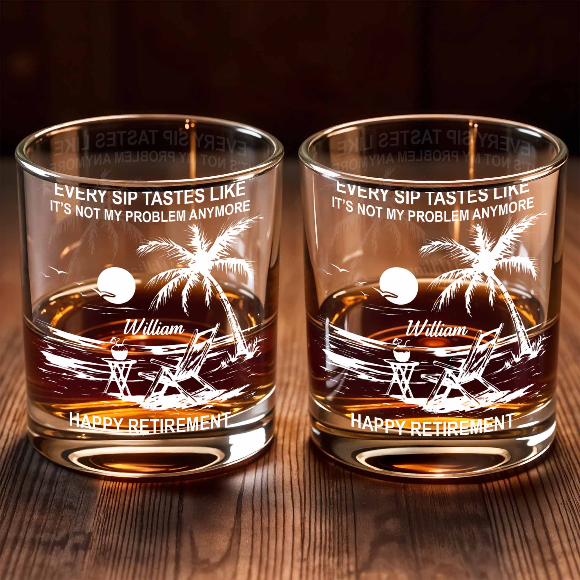 Every Sip Tastes Like Happy Retirement, Palm Trees And Beach Chair - Personalized Custom Whiskey Glass - RETIRE017_RWG