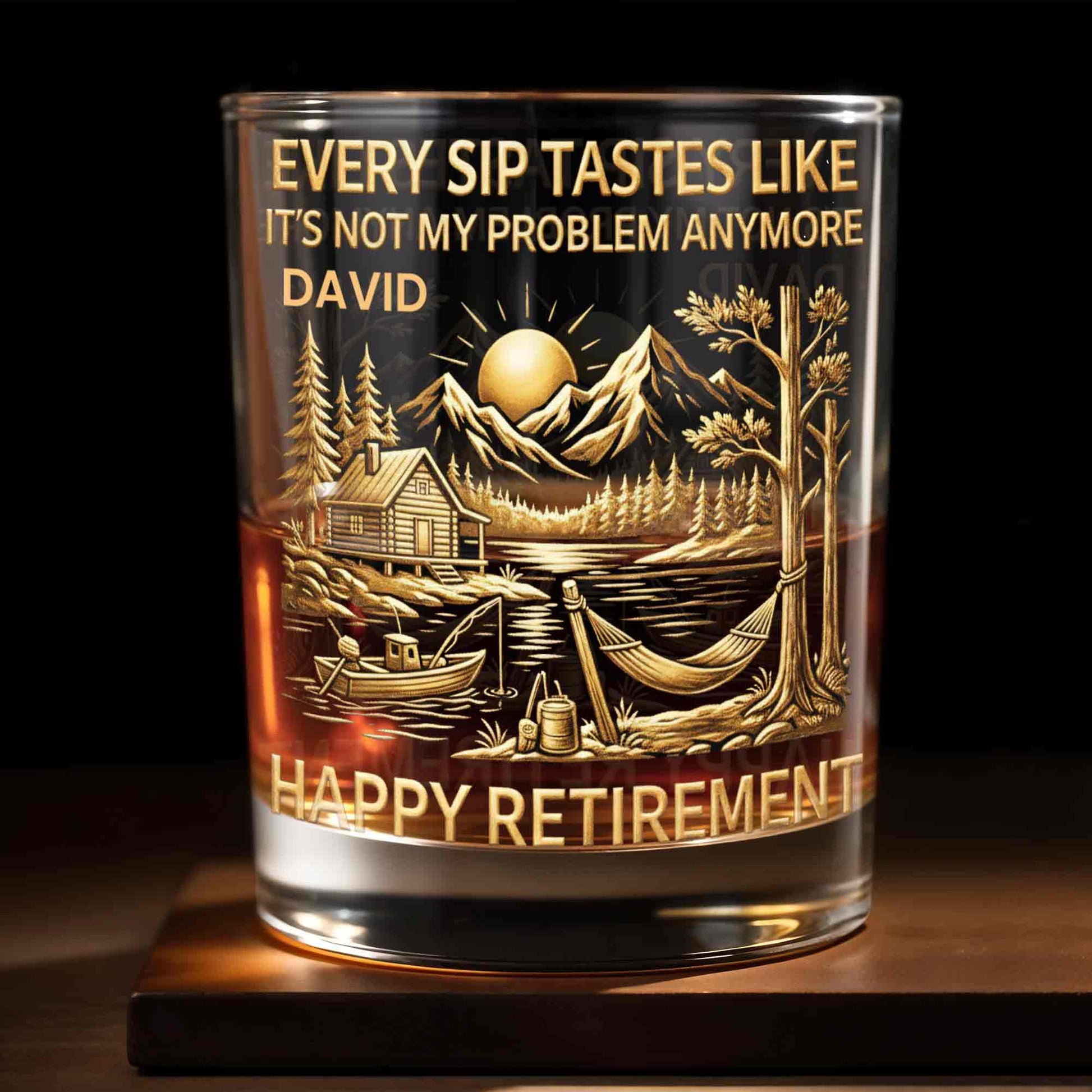 Happy Retirement, Mountains, Cabin, Lake And Sunset Design - Personalized Custom Whiskey Glass - RETIRE020_RWG
