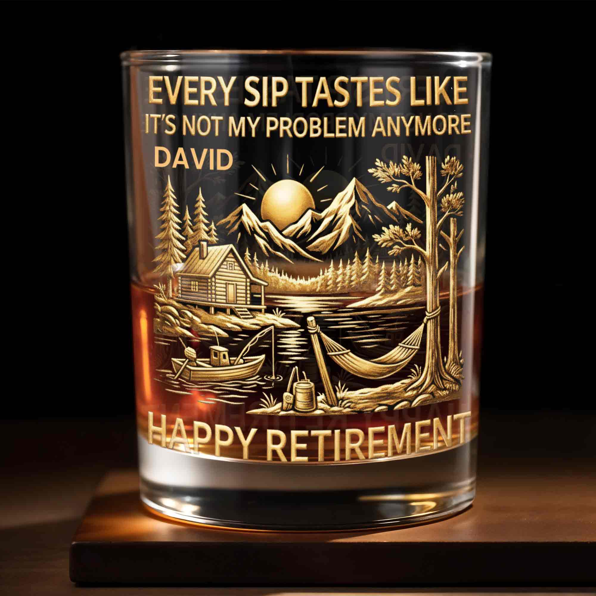Happy Retirement, Mountains, Cabin, Lake And Sunset Design - Personalized Custom Whiskey Glass - RETIRE020_RWG