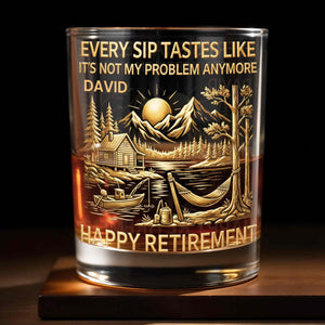 Happy Retirement, Mountains, Cabin, Lake And Sunset Design - Personalized Custom Whiskey Glass - RETIRE020_RWG
