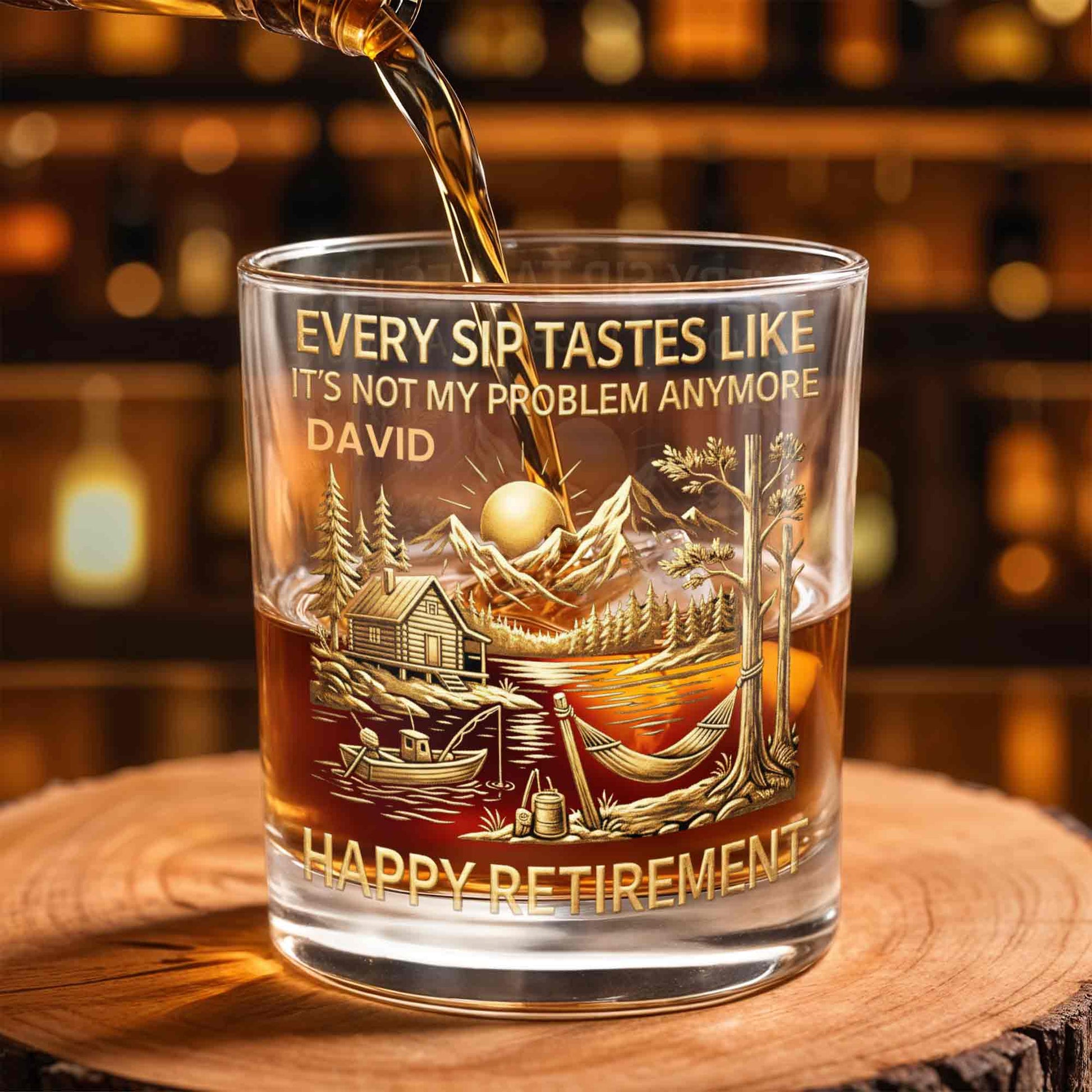 Happy Retirement, Mountains, Cabin, Lake And Sunset Design - Personalized Custom Whiskey Glass - RETIRE020_RWG