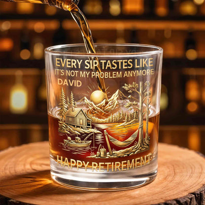 Happy Retirement, Mountains, Cabin, Lake And Sunset Design - Personalized Custom Whiskey Glass - RETIRE020_RWG