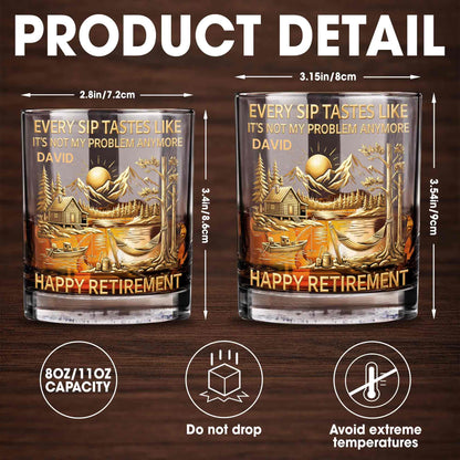 Happy Retirement, Mountains, Cabin, Lake And Sunset Design - Personalized Custom Whiskey Glass - RETIRE020_RWG