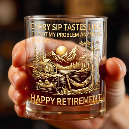 Happy Retirement, Mountains, Cabin, Lake And Sunset Design - Personalized Custom Whiskey Glass - RETIRE020_RWG