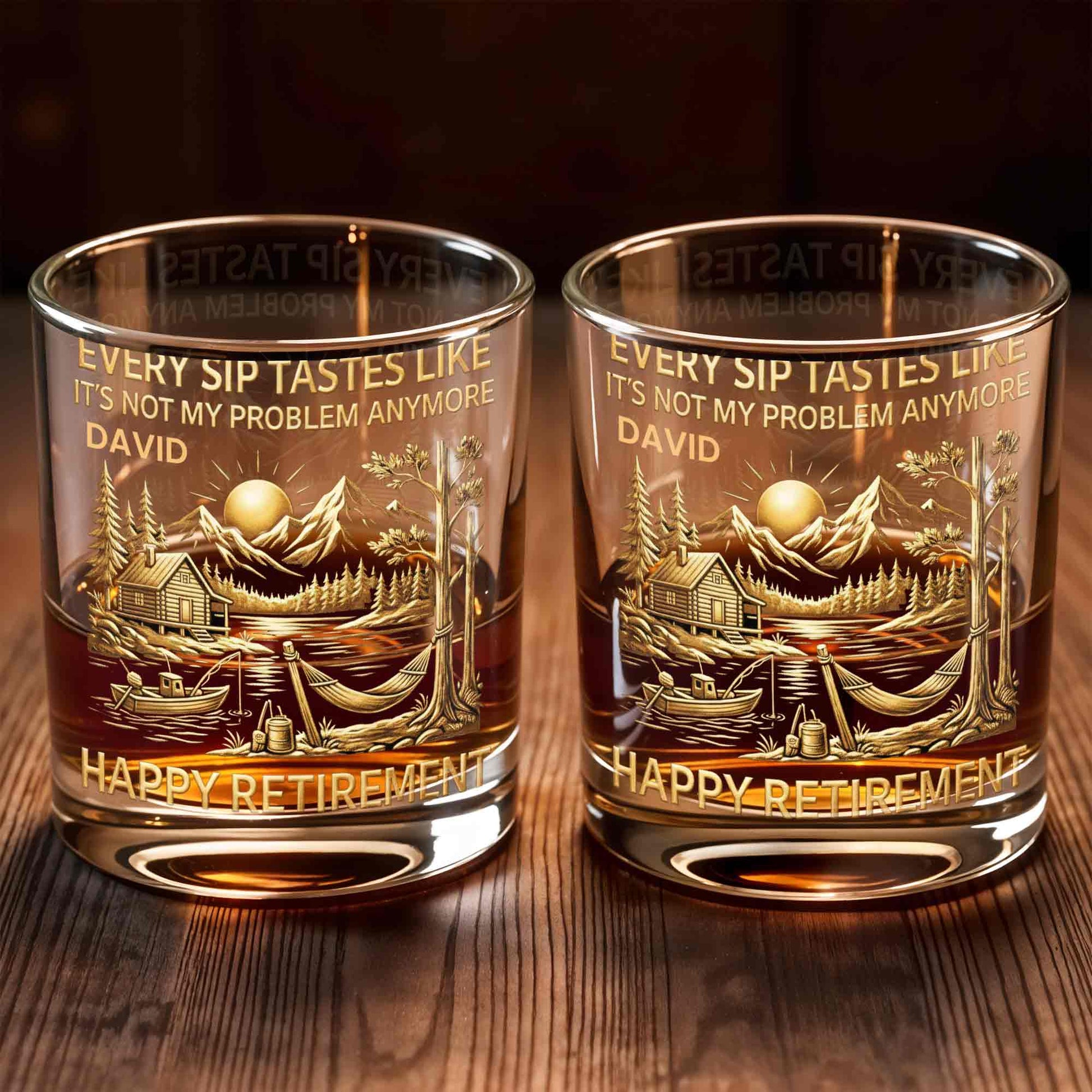Happy Retirement, Mountains, Cabin, Lake And Sunset Design - Personalized Custom Whiskey Glass - RETIRE020_RWG