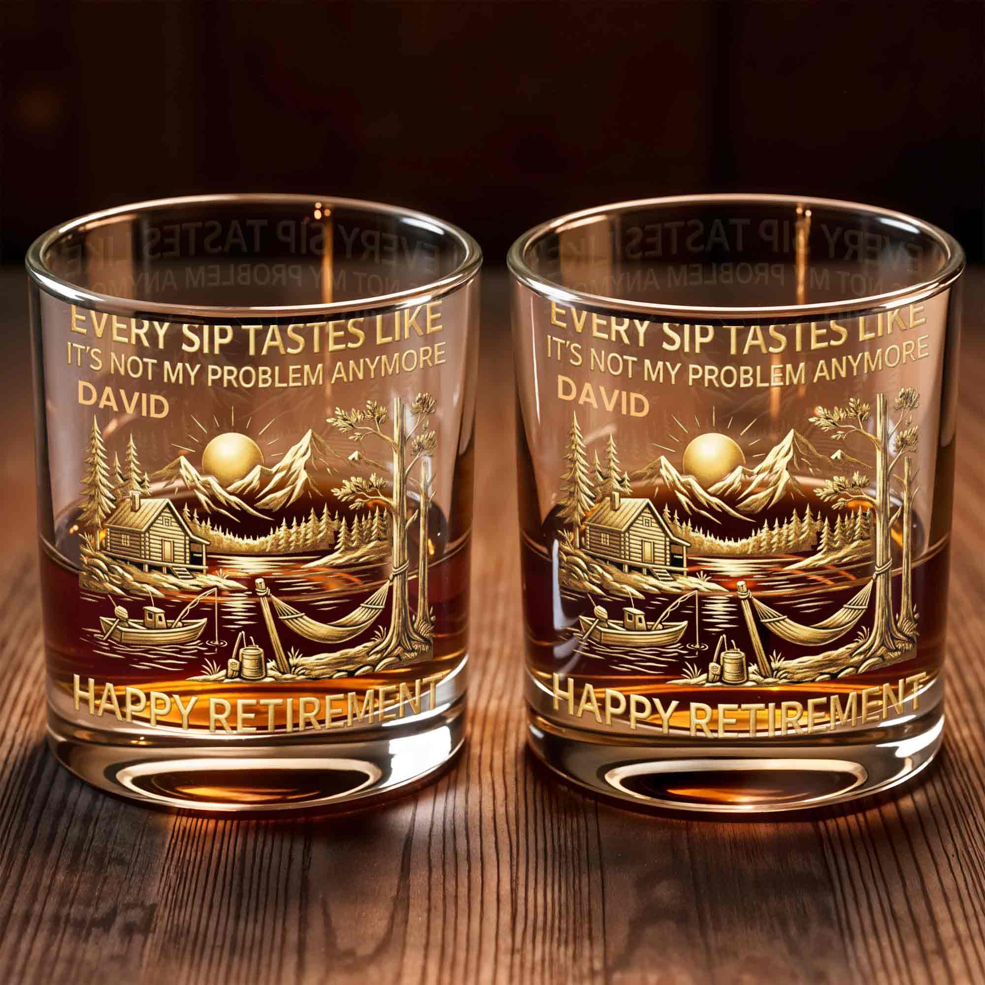 Happy Retirement, Mountains, Cabin, Lake And Sunset Design - Personalized Custom Whiskey Glass - RETIRE020_RWG