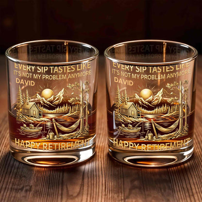 Happy Retirement, Mountains, Cabin, Lake And Sunset Design - Personalized Custom Whiskey Glass - RETIRE020_RWG