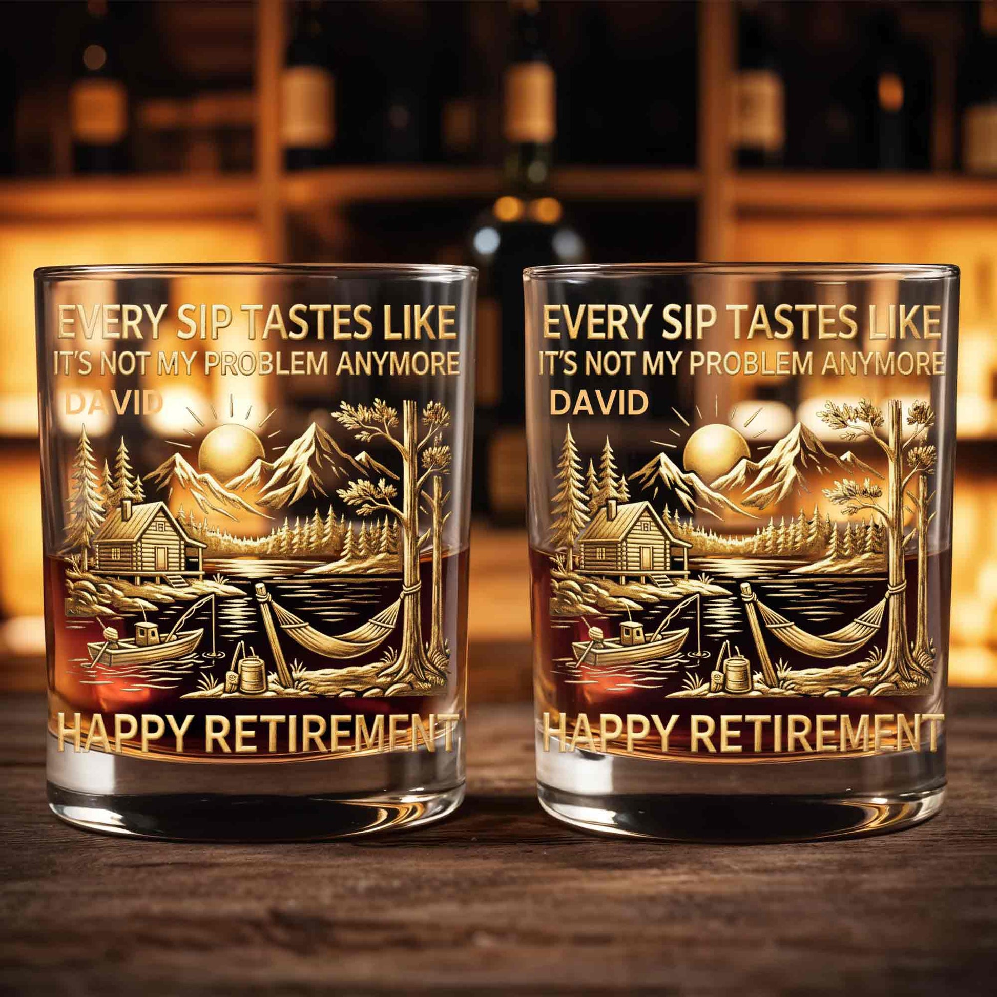 Happy Retirement, Mountains, Cabin, Lake And Sunset Design - Personalized Custom Whiskey Glass - RETIRE020_RWG