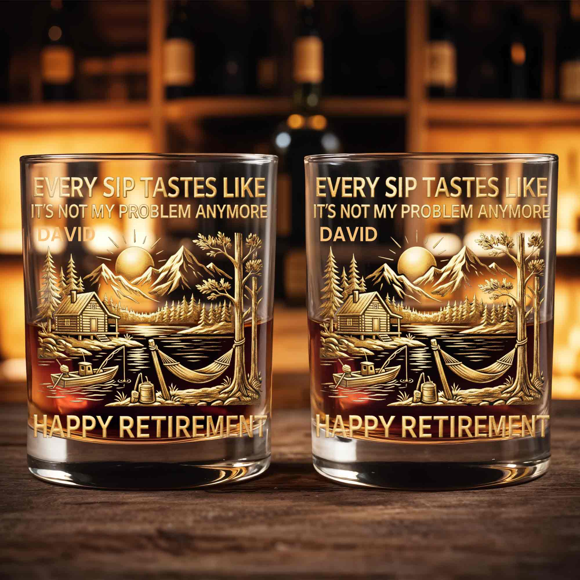 Happy Retirement, Mountains, Cabin, Lake And Sunset Design - Personalized Custom Whiskey Glass - RETIRE020_RWG