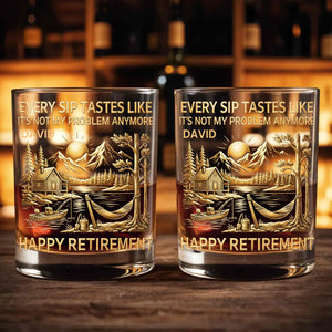 Happy Retirement, Mountains, Cabin, Lake And Sunset Design - Personalized Custom Whiskey Glass - RETIRE020_RWG
