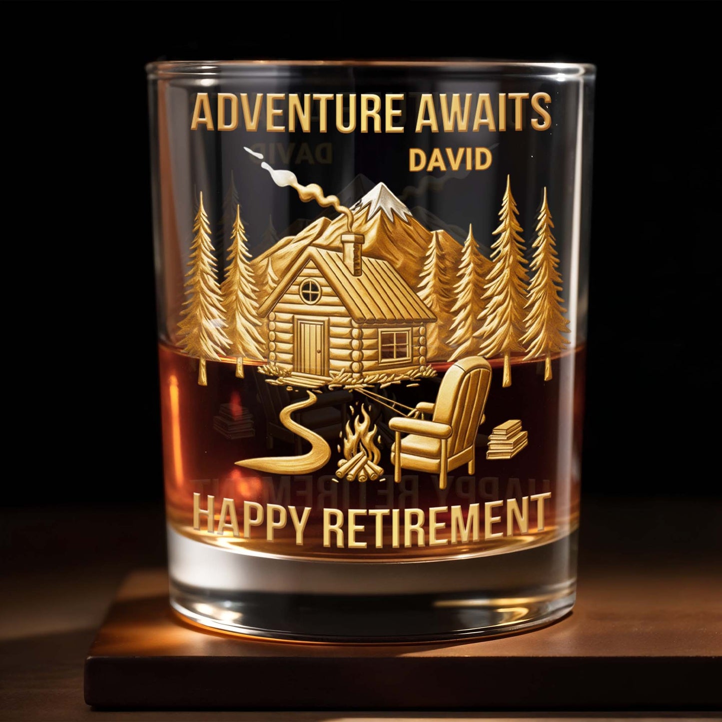 Adventure Awaits, Happy Retirement, Cabin And Trees - Personalized Custom Whiskey Glass - RETIRE021_RWG