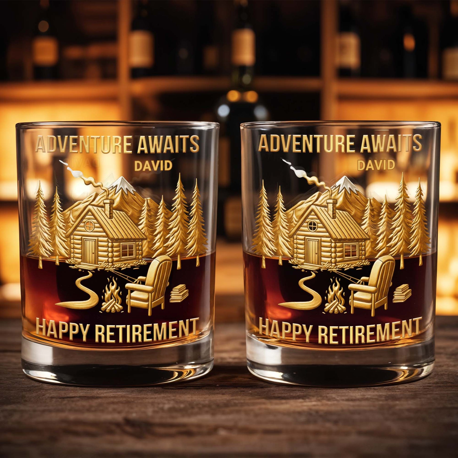Adventure Awaits, Happy Retirement, Cabin And Trees - Personalized Custom Whiskey Glass - RETIRE021_RWG