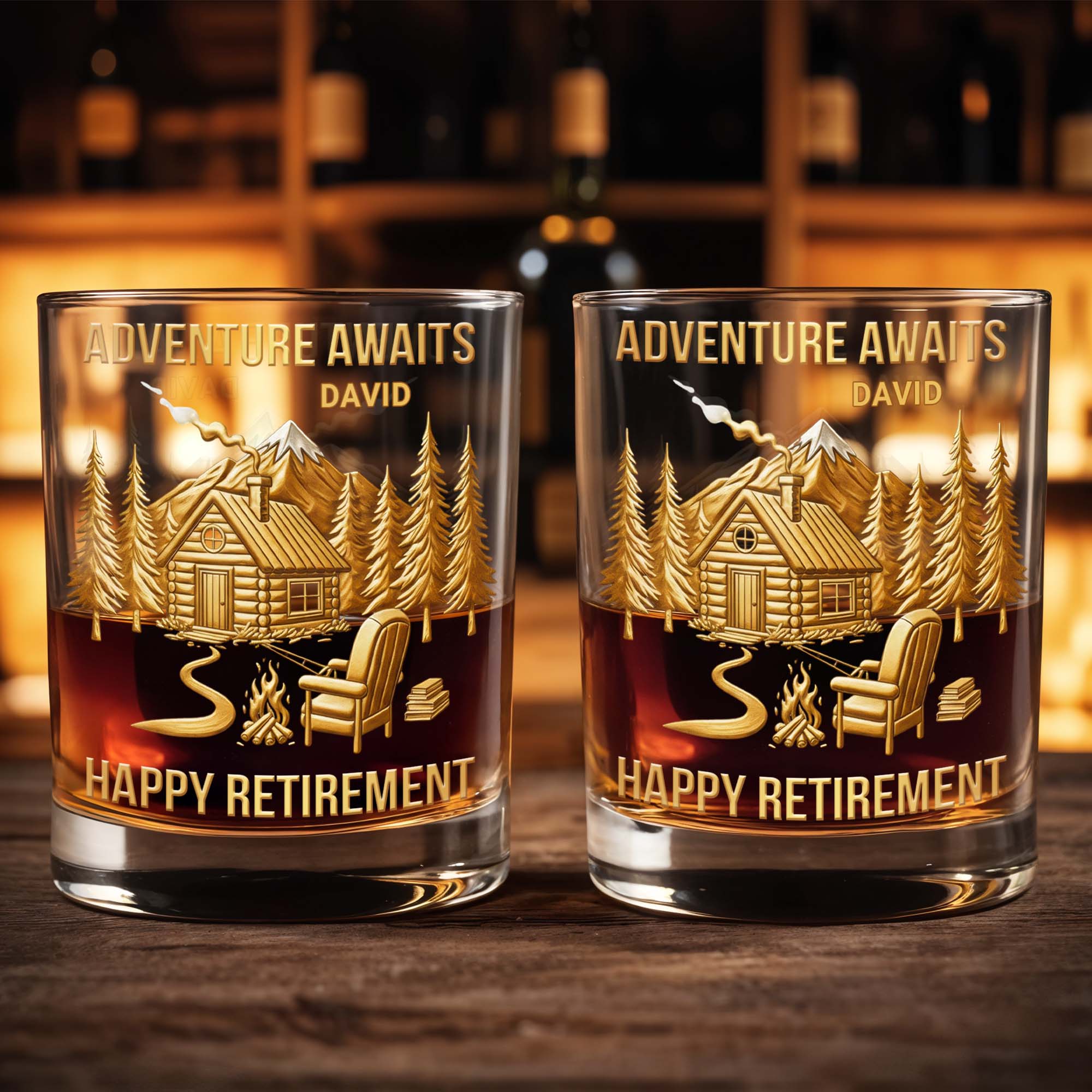 Adventure Awaits, Happy Retirement, Cabin And Trees - Personalized Custom Whiskey Glass - RETIRE021_RWG