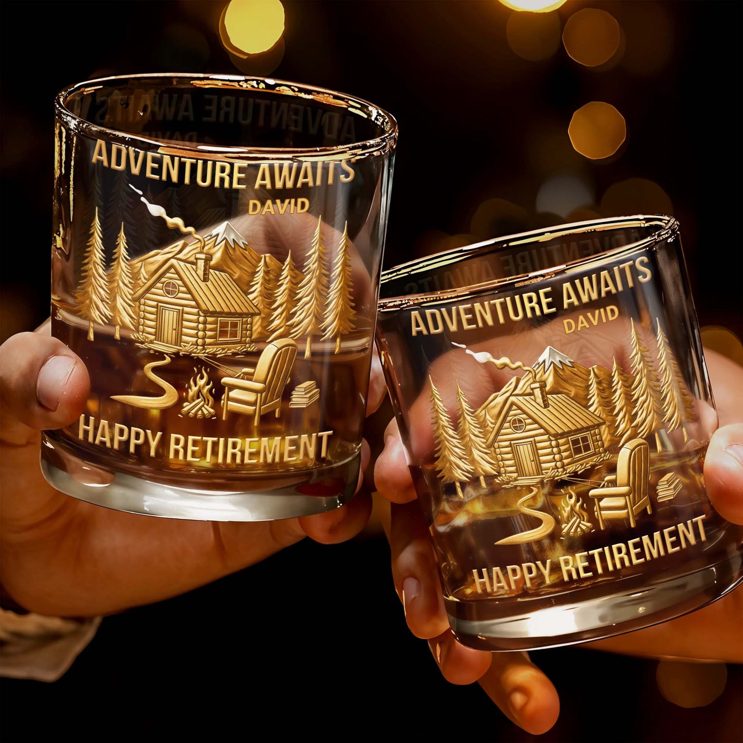 Adventure Awaits, Happy Retirement, Cabin And Trees - Personalized Custom Whiskey Glass - RETIRE021_RWG