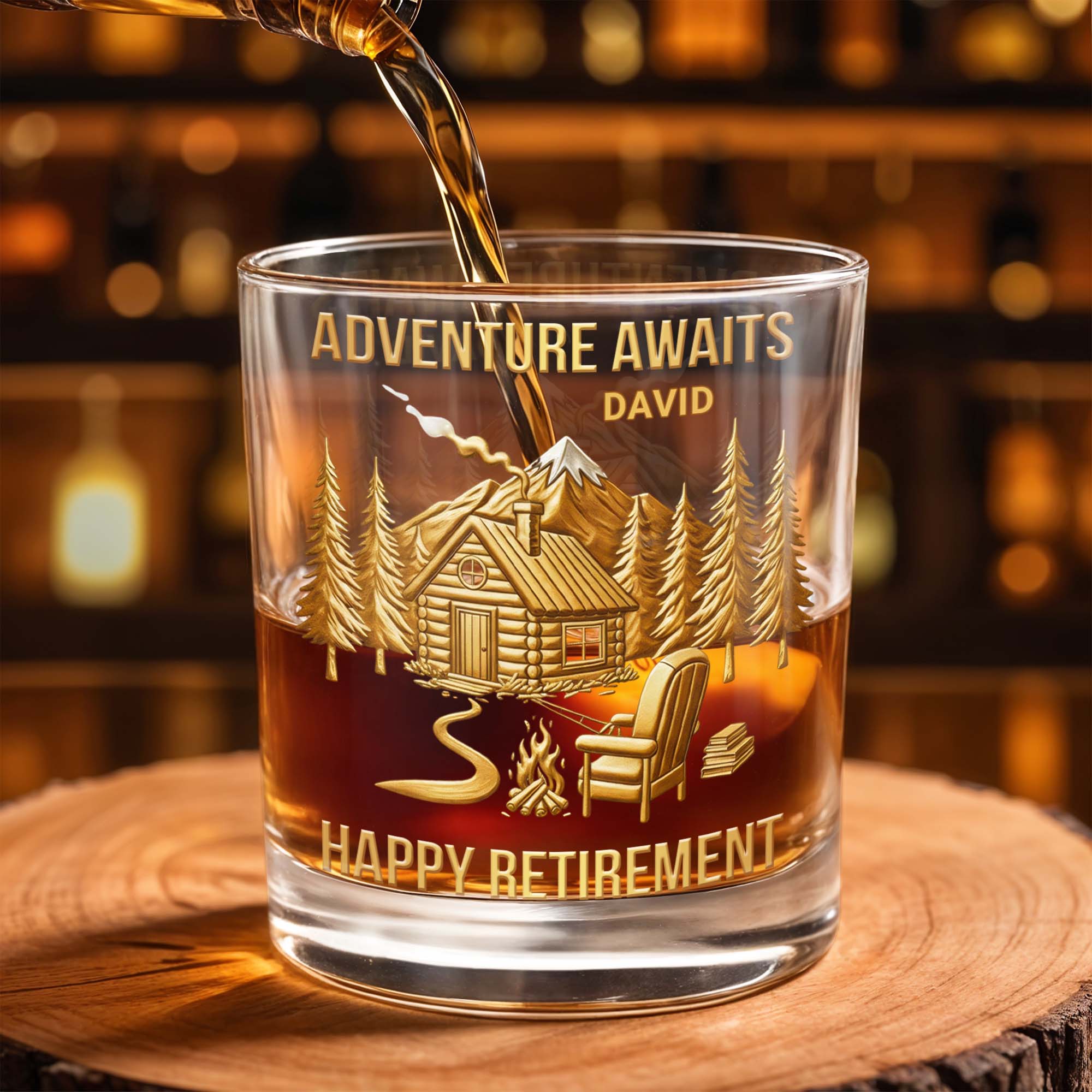 Adventure Awaits, Happy Retirement, Cabin And Trees - Personalized Custom Whiskey Glass - RETIRE021_RWG