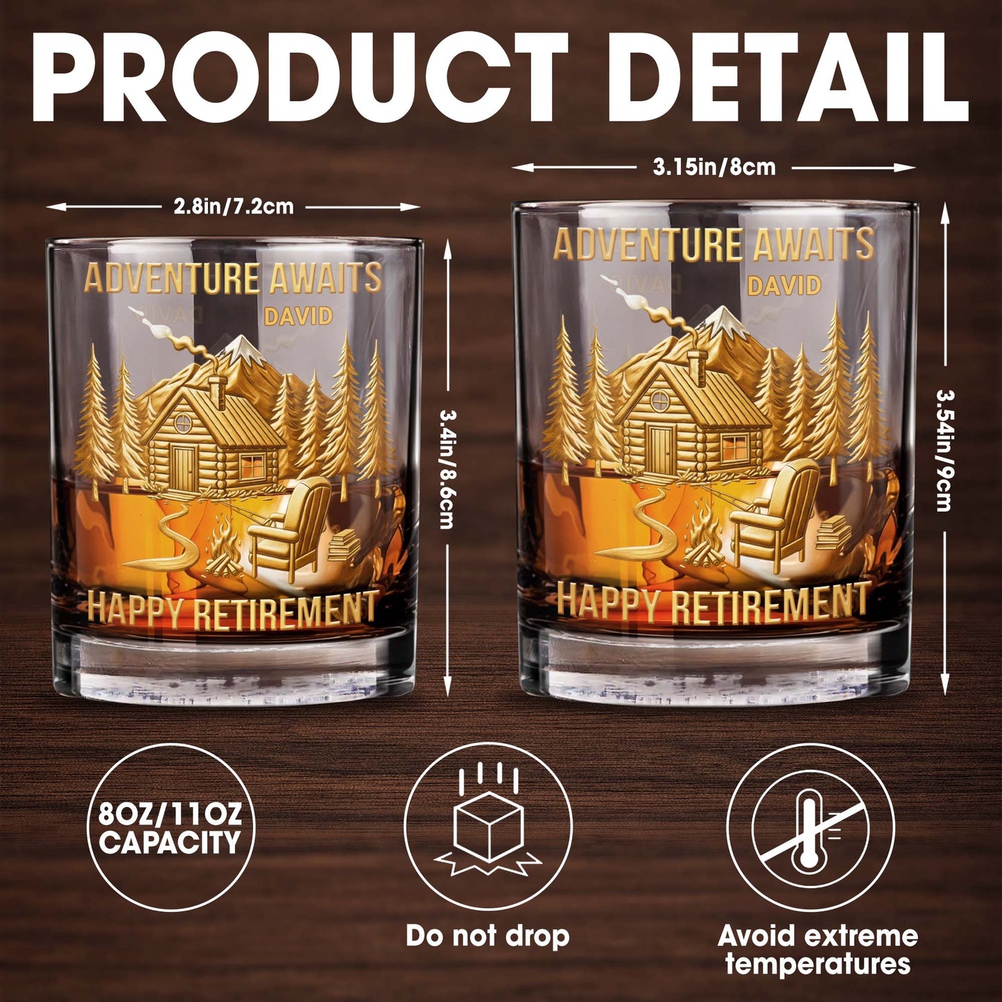 Adventure Awaits, Happy Retirement, Cabin And Trees - Personalized Custom Whiskey Glass - RETIRE021_RWG