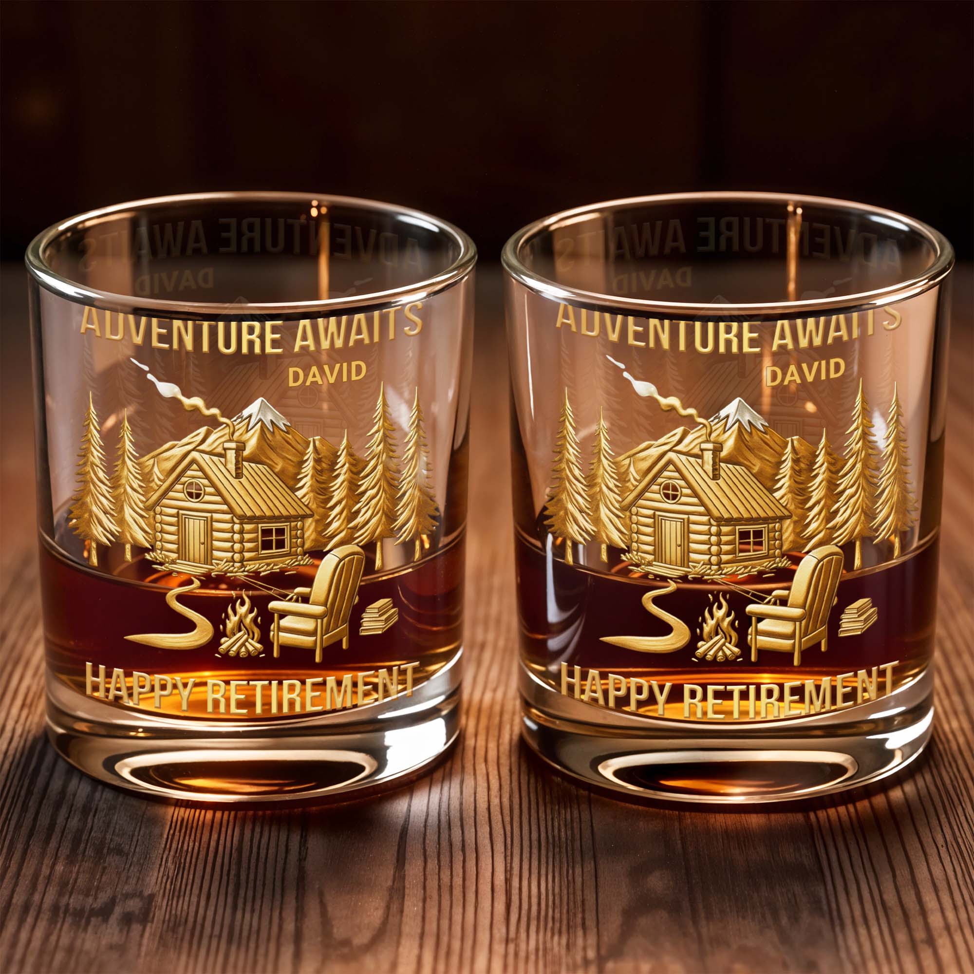 Adventure Awaits, Happy Retirement, Cabin And Trees - Personalized Custom Whiskey Glass - RETIRE021_RWG