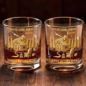 Adventure Awaits, Happy Retirement, Cabin And Trees - Personalized Custom Whiskey Glass - RETIRE021_RWG