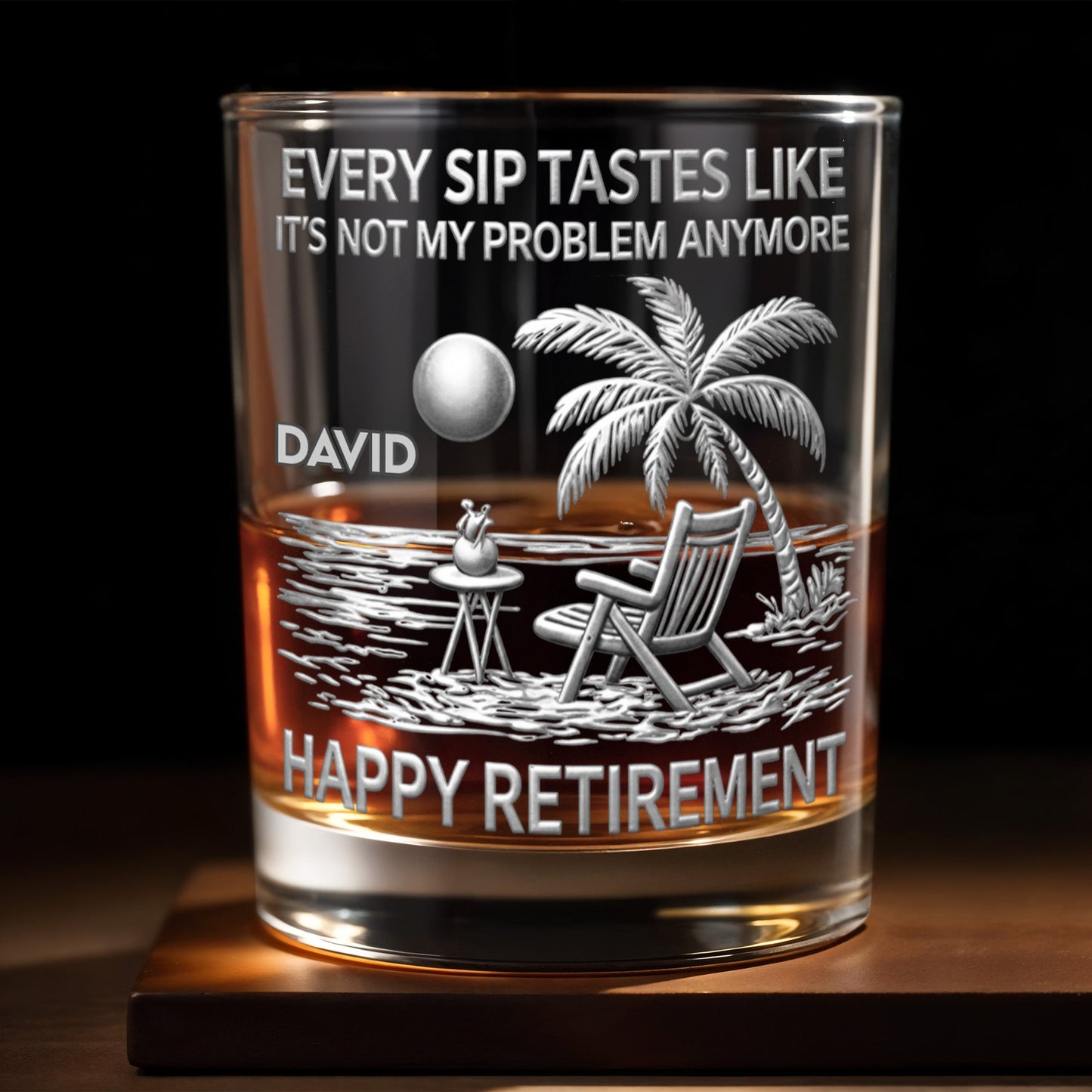 Every Sip Tastes Like It's Not My Problem Anymore, Palm Tree and Beach Chair - Personalized Custom Whiskey Glass - RETIRE028_RWG