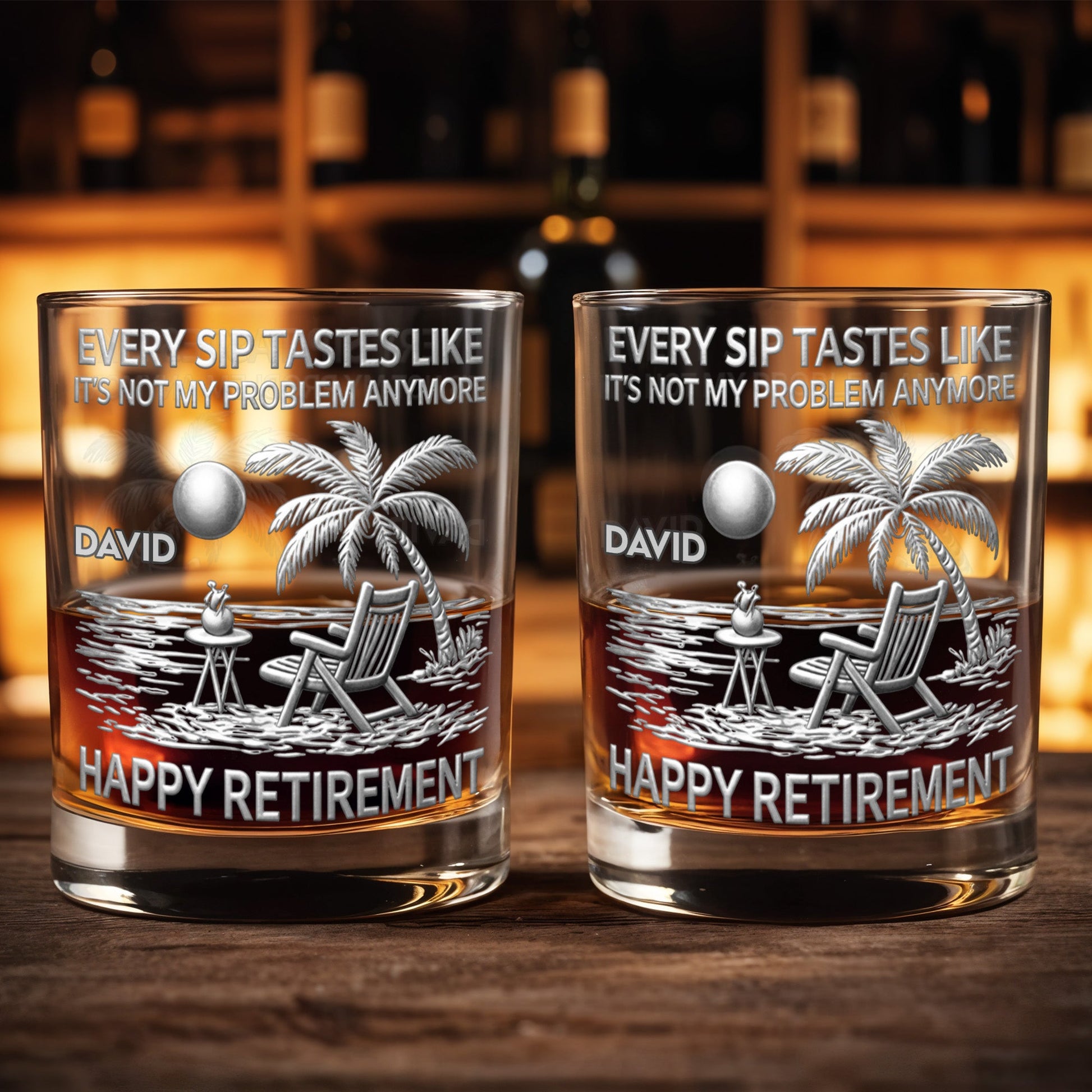 Every Sip Tastes Like It's Not My Problem Anymore, Palm Tree and Beach Chair - Personalized Custom Whiskey Glass - RETIRE028_RWG