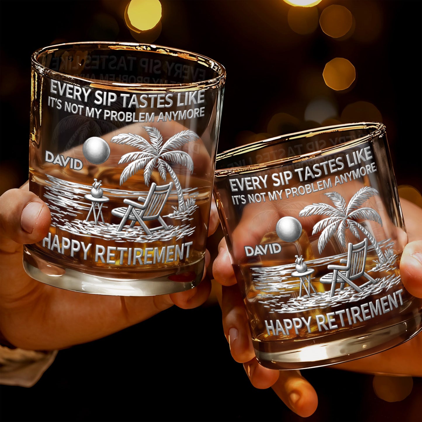Every Sip Tastes Like It's Not My Problem Anymore, Palm Tree and Beach Chair - Personalized Custom Whiskey Glass - RETIRE028_RWG