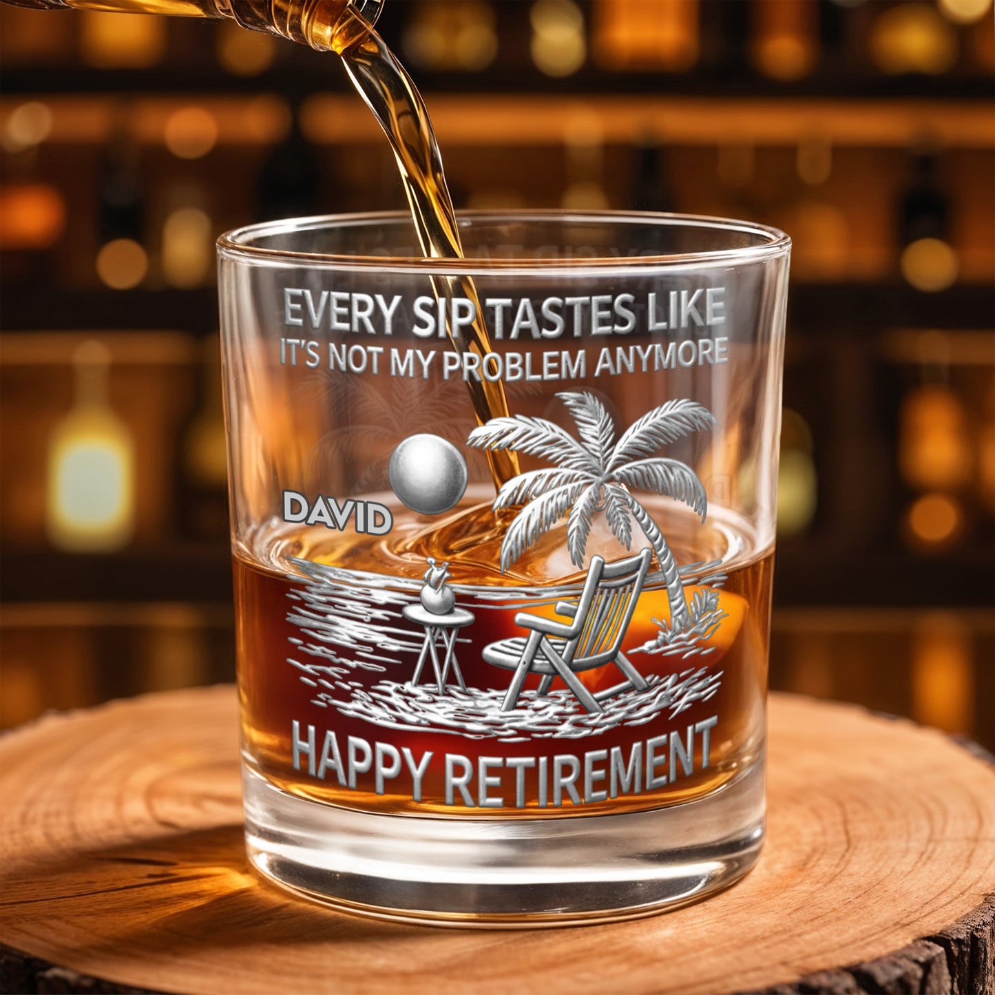 Every Sip Tastes Like It's Not My Problem Anymore, Palm Tree and Beach Chair - Personalized Custom Whiskey Glass - RETIRE028_RWG