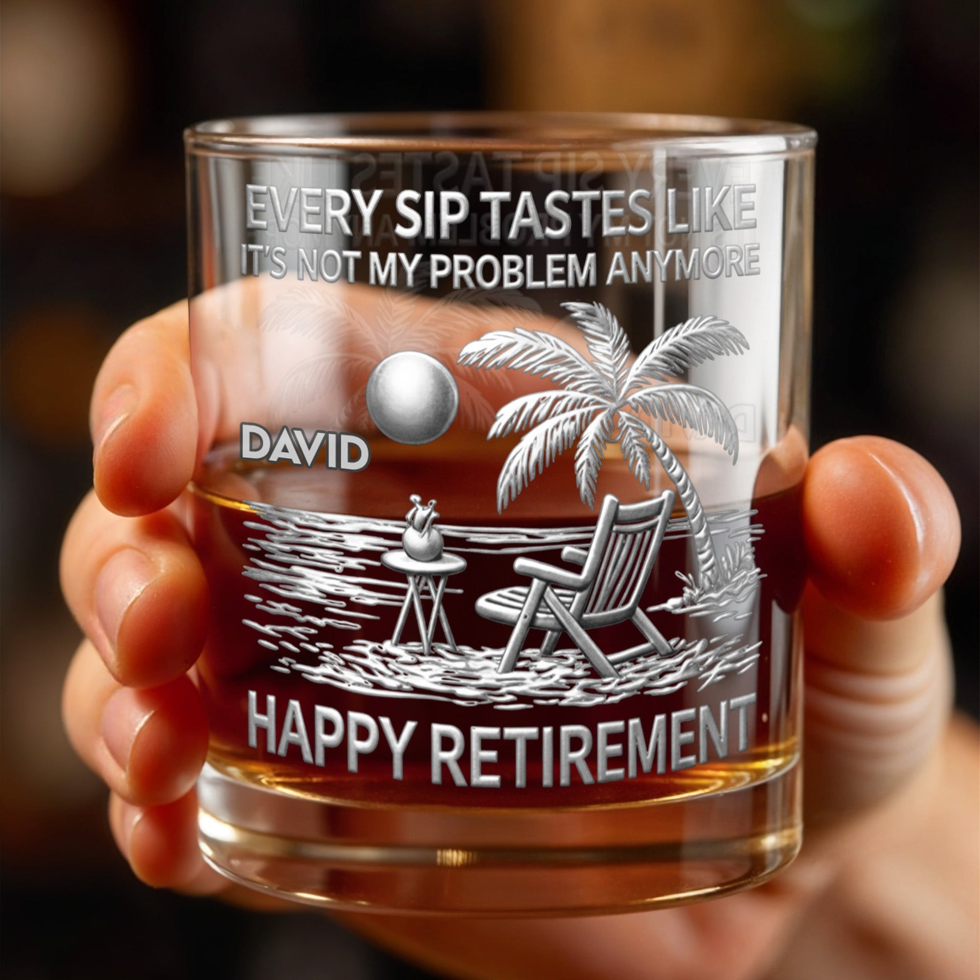 Every Sip Tastes Like It's Not My Problem Anymore, Palm Tree and Beach Chair - Personalized Custom Whiskey Glass - RETIRE028_RWG