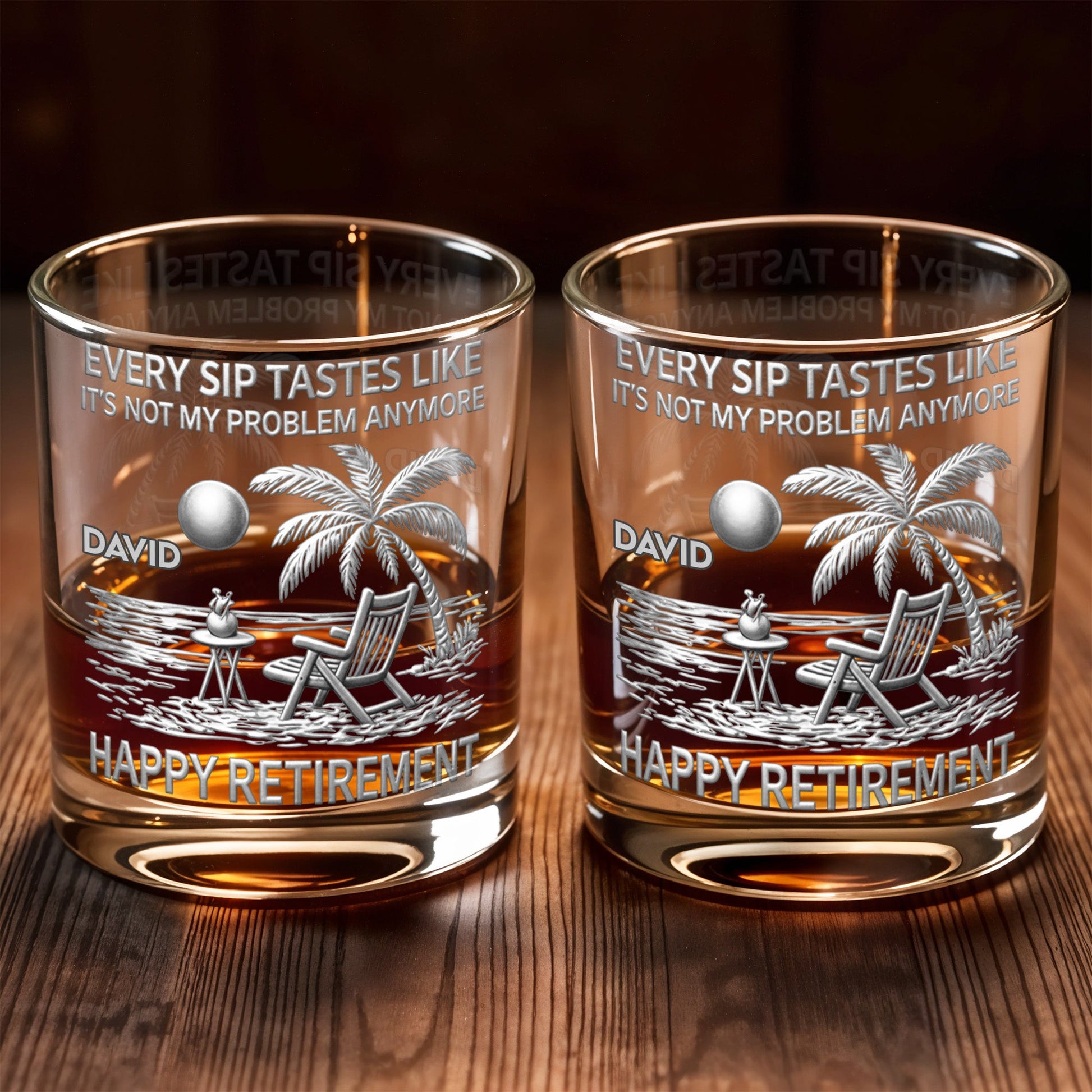 Every Sip Tastes Like It's Not My Problem Anymore, Palm Tree and Beach Chair - Personalized Custom Whiskey Glass - RETIRE028_RWG