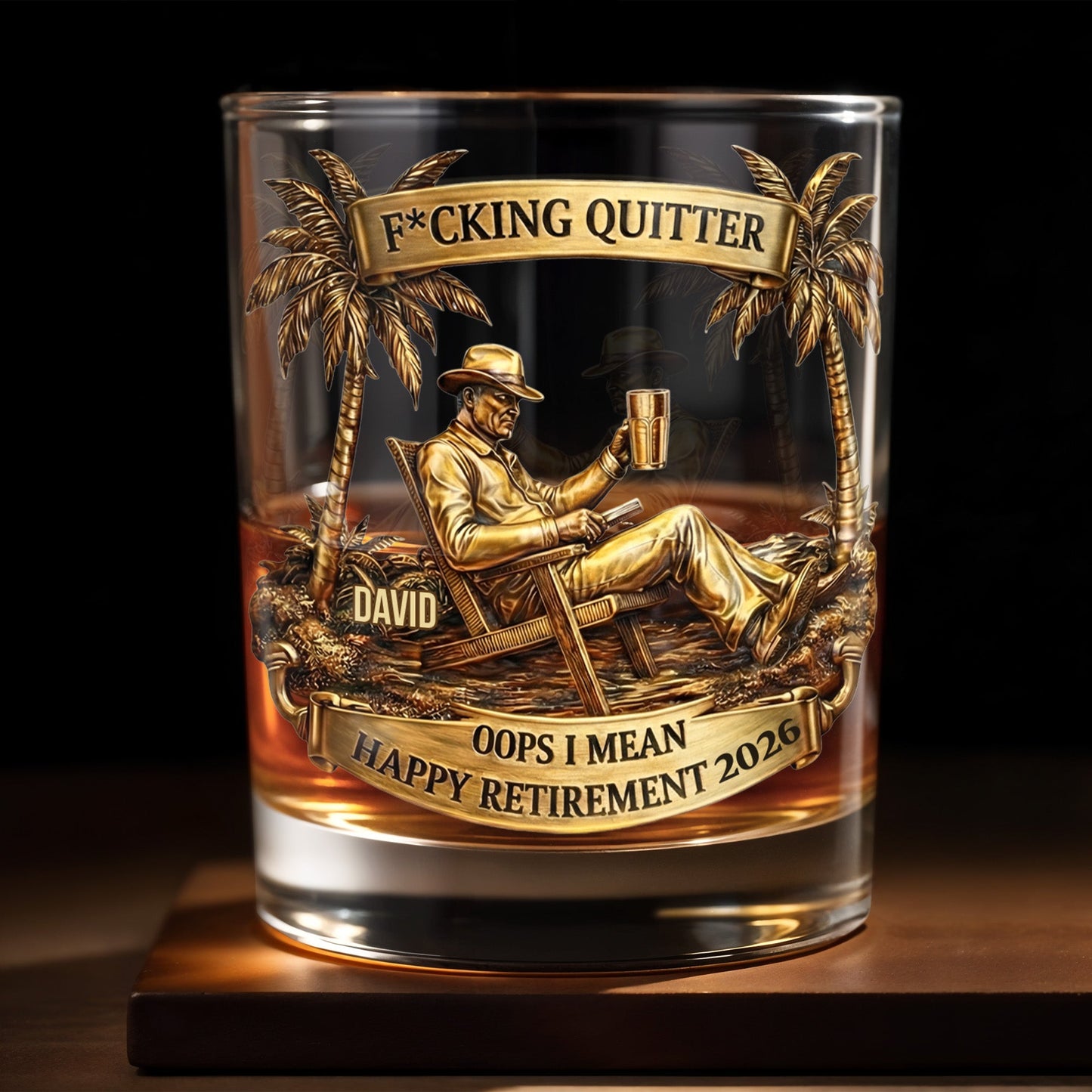 Effing Quitter Happy Retirement Palm Trees and Relaxation - Personalized Custom Whiskey Glass - RETIRE031_RWG