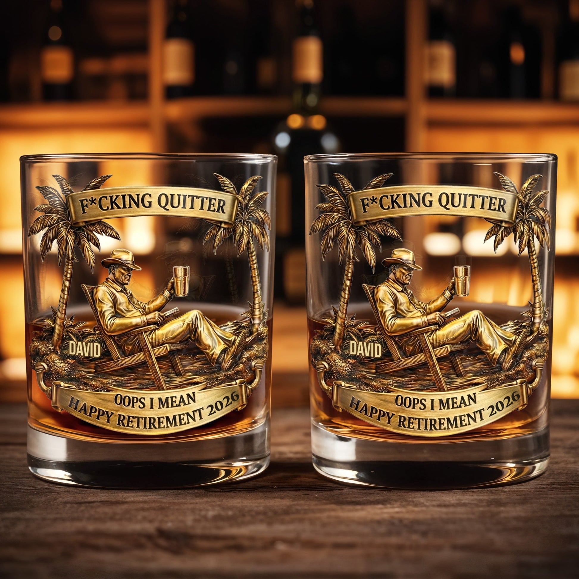Effing Quitter Happy Retirement Palm Trees and Relaxation - Personalized Custom Whiskey Glass - RETIRE031_RWG