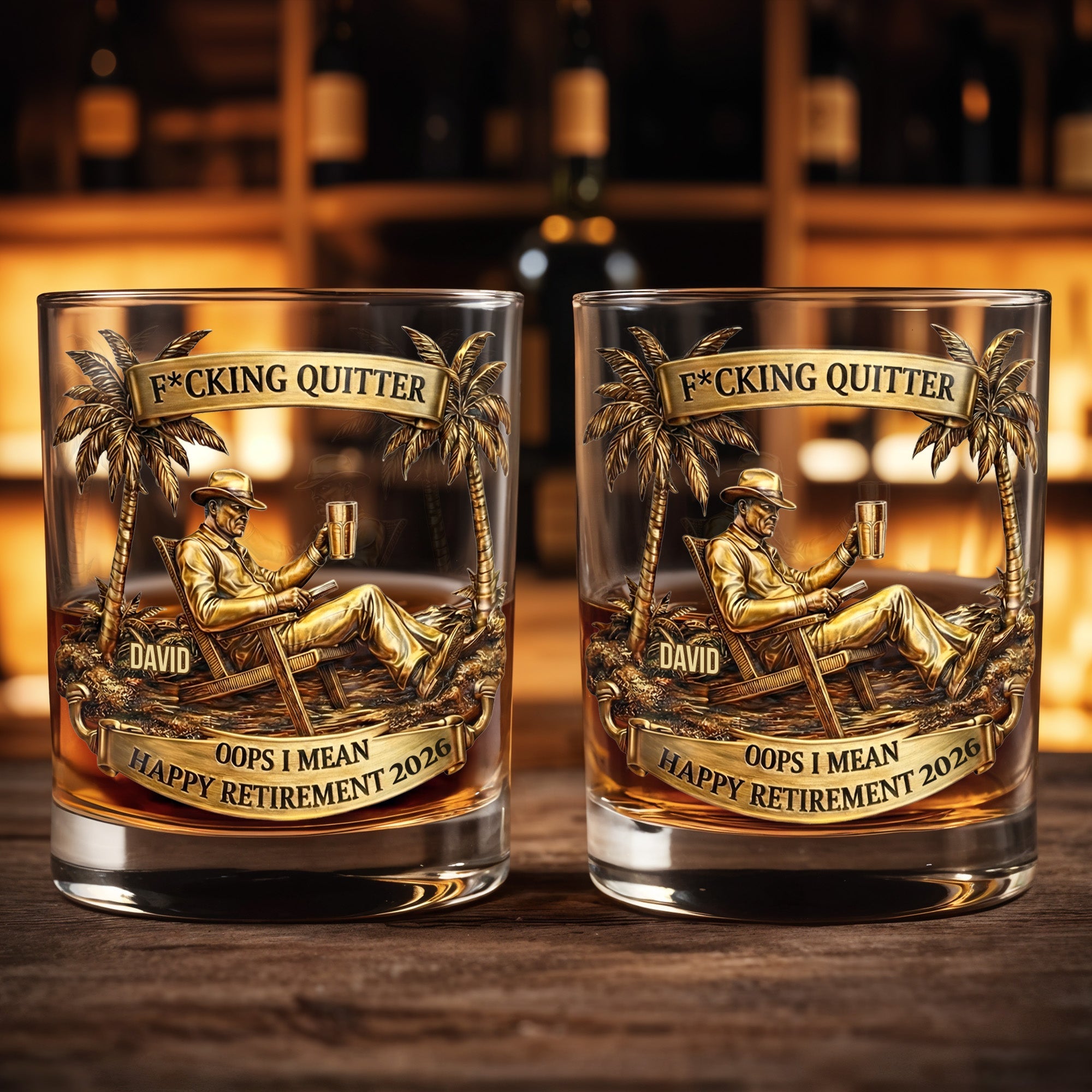 Effing Quitter Happy Retirement Palm Trees and Relaxation - Personalized Custom Whiskey Glass - RETIRE031_RWG