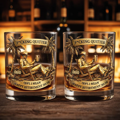 Effing Quitter Happy Retirement Palm Trees and Relaxation - Personalized Custom Whiskey Glass - RETIRE031_RWG