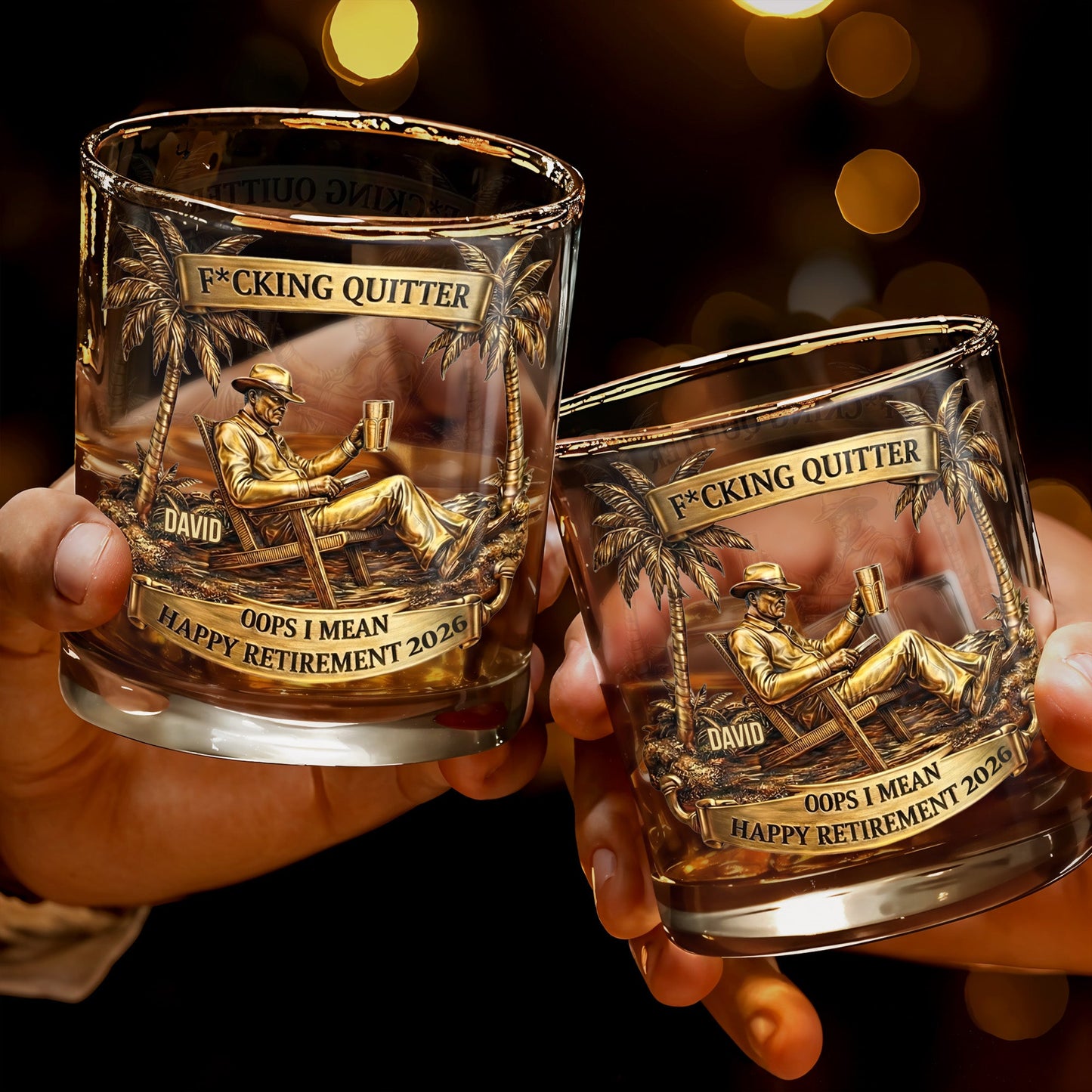 Effing Quitter Happy Retirement Palm Trees and Relaxation - Personalized Custom Whiskey Glass - RETIRE031_RWG