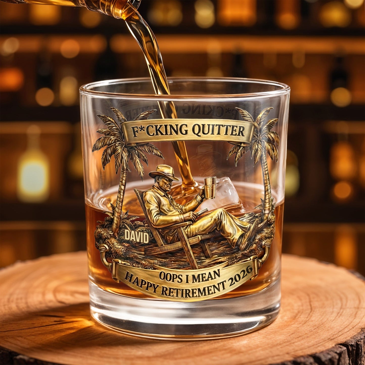 Effing Quitter Happy Retirement Palm Trees and Relaxation - Personalized Custom Whiskey Glass - RETIRE031_RWG
