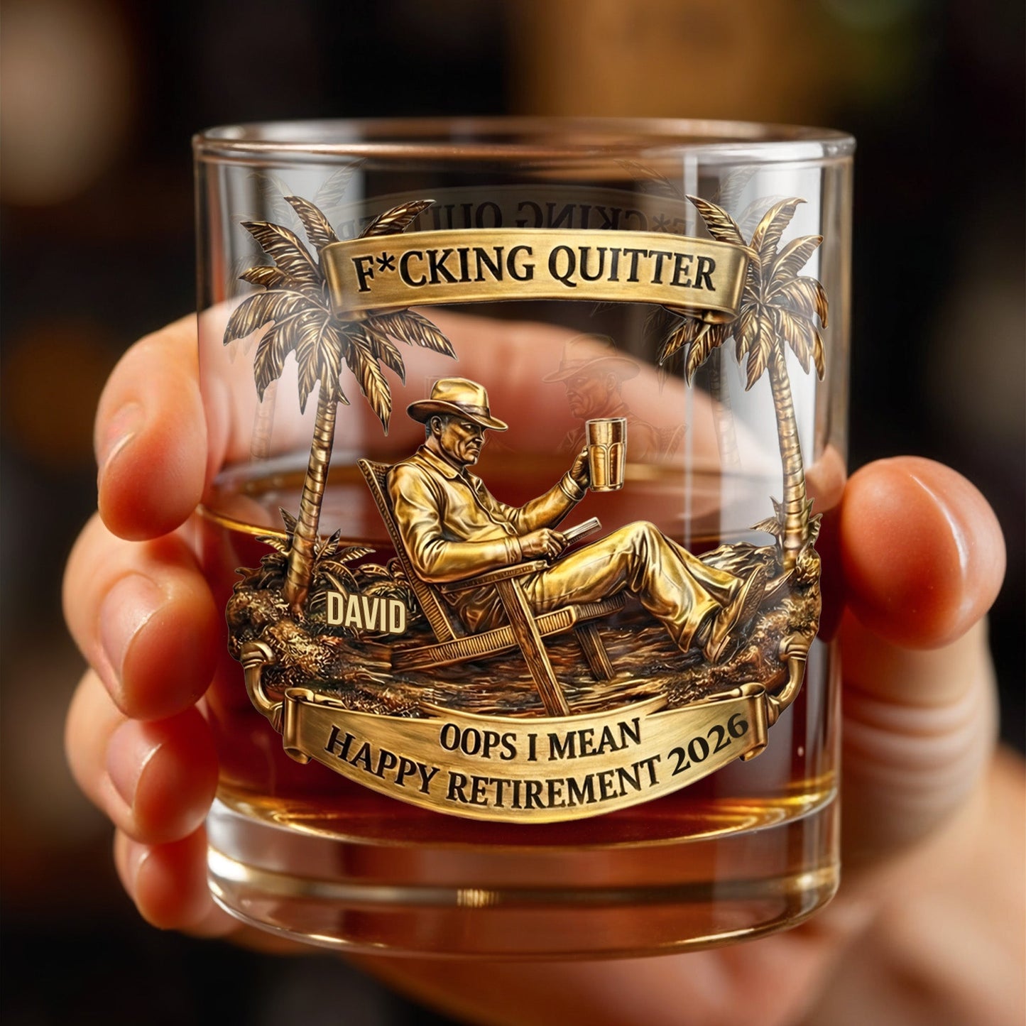 Effing Quitter Happy Retirement Palm Trees and Relaxation - Personalized Custom Whiskey Glass - RETIRE031_RWG