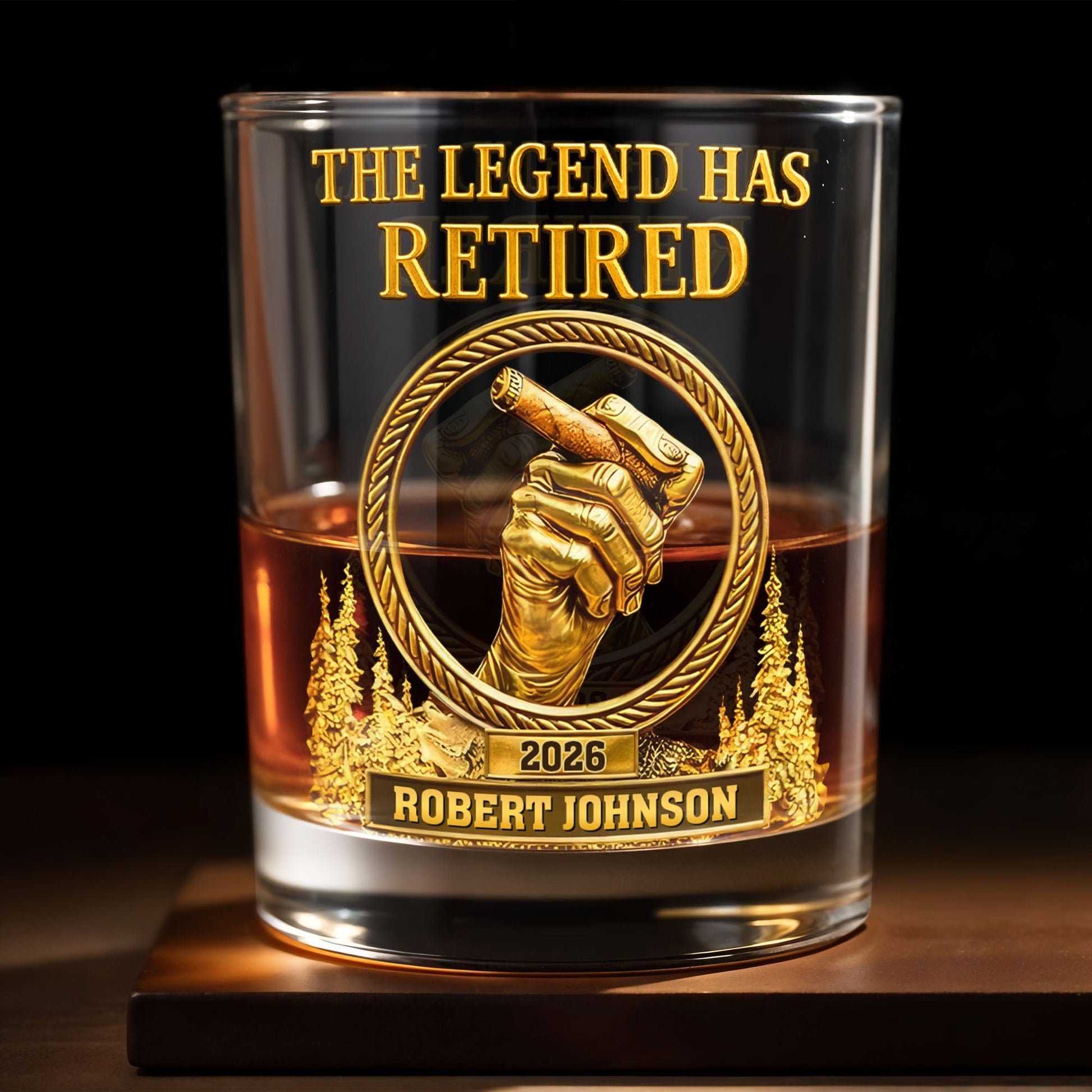 The Legend Has Retired, Hand with Cigar - Personalized Custom Whiskey Glass - RETIRE032_RWG