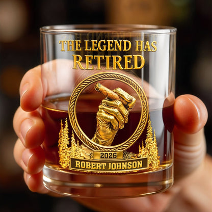 The Legend Has Retired, Hand with Cigar - Personalized Custom Whiskey Glass - RETIRE032_RWG