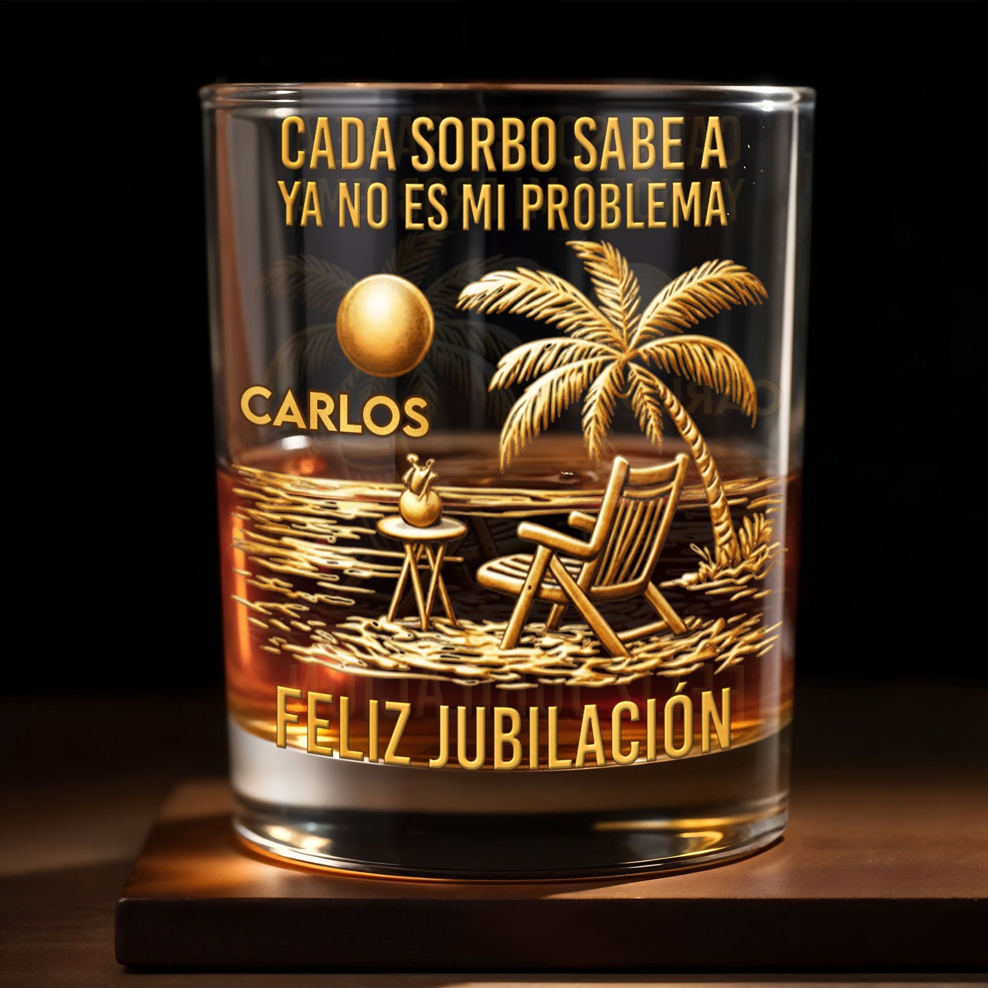Cada Sorbo Sabe A Palm Tree Beach Chair - Personalized Custom Whiskey Glass - RETIRE036_RWG