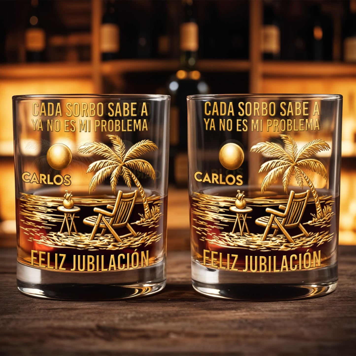 Cada Sorbo Sabe A Palm Tree Beach Chair - Personalized Custom Whiskey Glass - RETIRE036_RWG